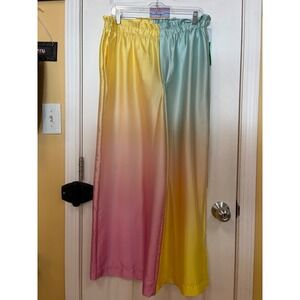 Anthropologie Ombre Rainbow Satin Wide Leg Pants Pastel Yellow Pink Mint M